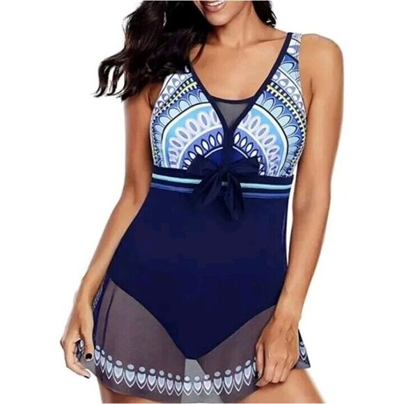 Blue Multicolor Aztec Sheer overlay Swim Dress Swimsuit Padded One Piece XXL - Picture 1 of 8